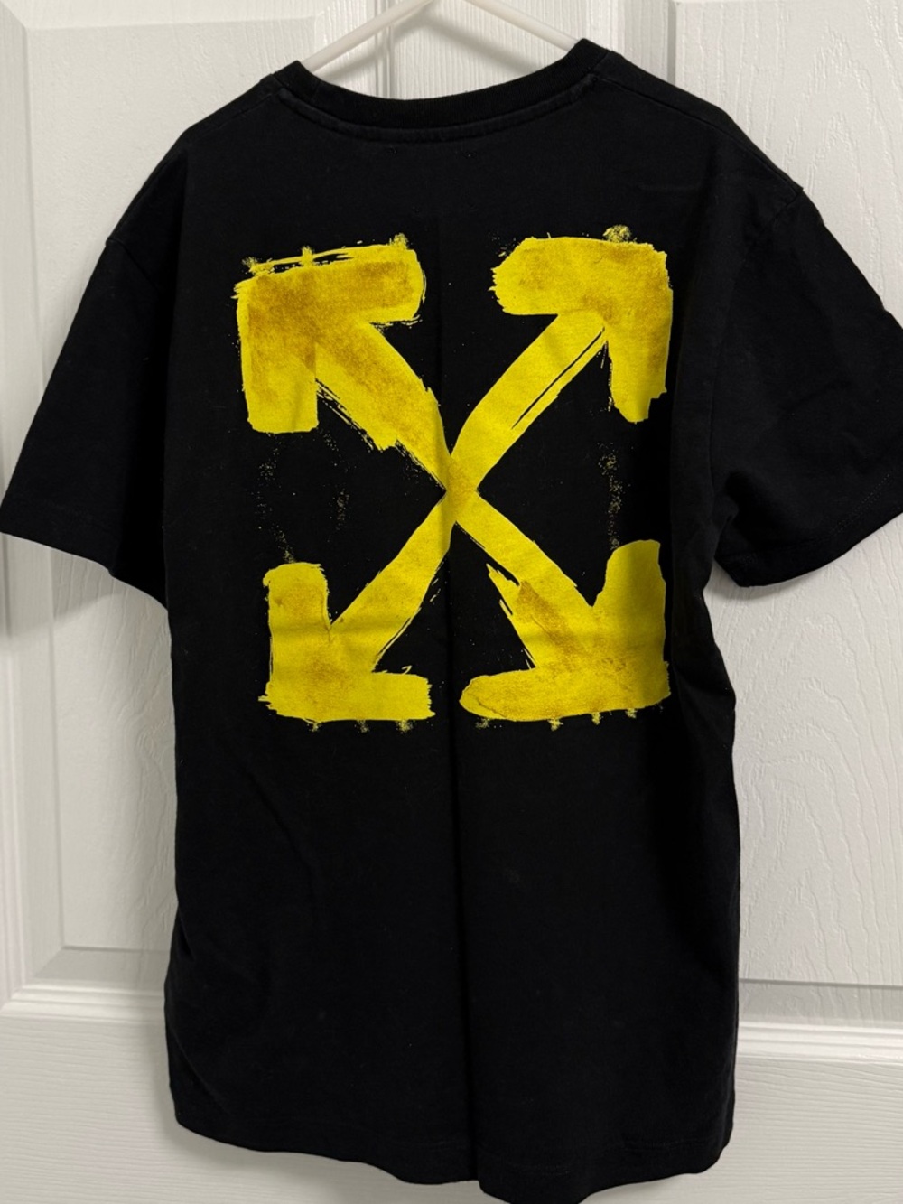 Off-White Kids Black Tee with Yellow Brush Arrow Paint Graphic